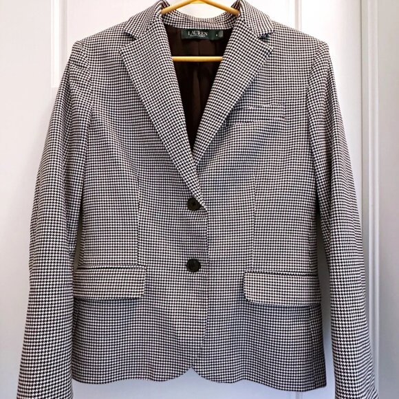 Ralph Lauren Women's Size 8 Black White Cotton Houndstooth Jacket Blazer Classic - Picture 1 of 11